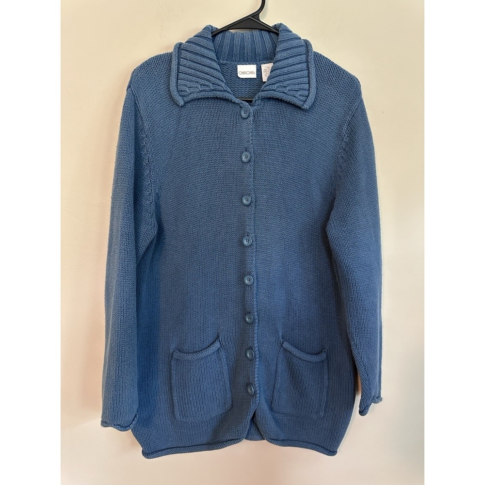 Vintage 100% Cotton Cherokee‎ Cardigan MEDIUM Blue Made Japan Lagenlook Natural